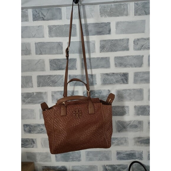 TORY BURCH THEA Tobacco Brown WOVEN Leather Center Zip Handbag READ - Picture 6 of 16